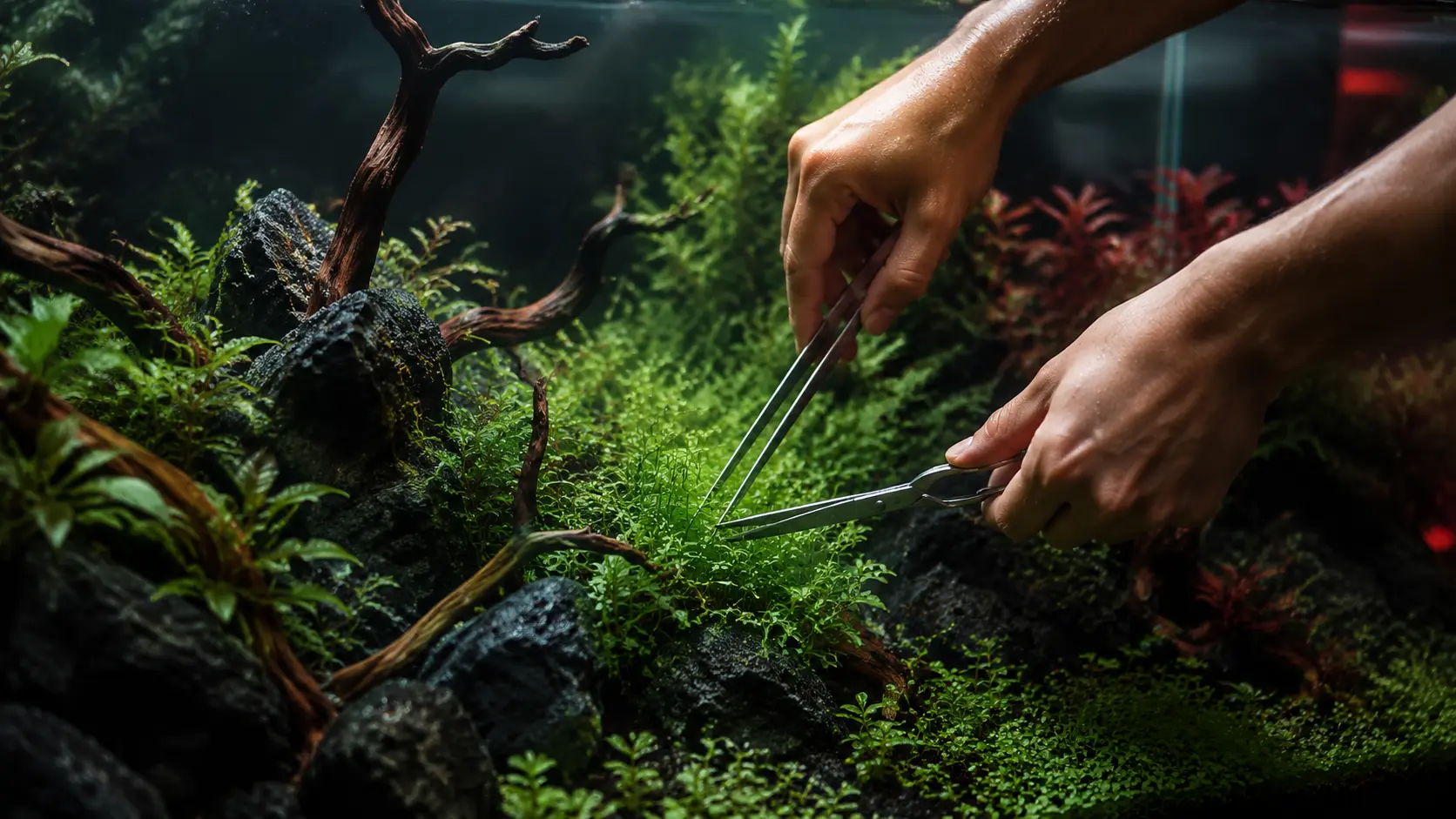 Sorgfältige Pflege eines bepflanzten Aquariums mit Präzisionswerkzeugen