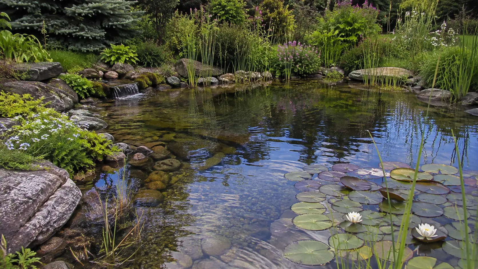 Naturnaher Gartenteich mit Wasserpflanzen, Naturstein und üppiger Uferbepflanzung