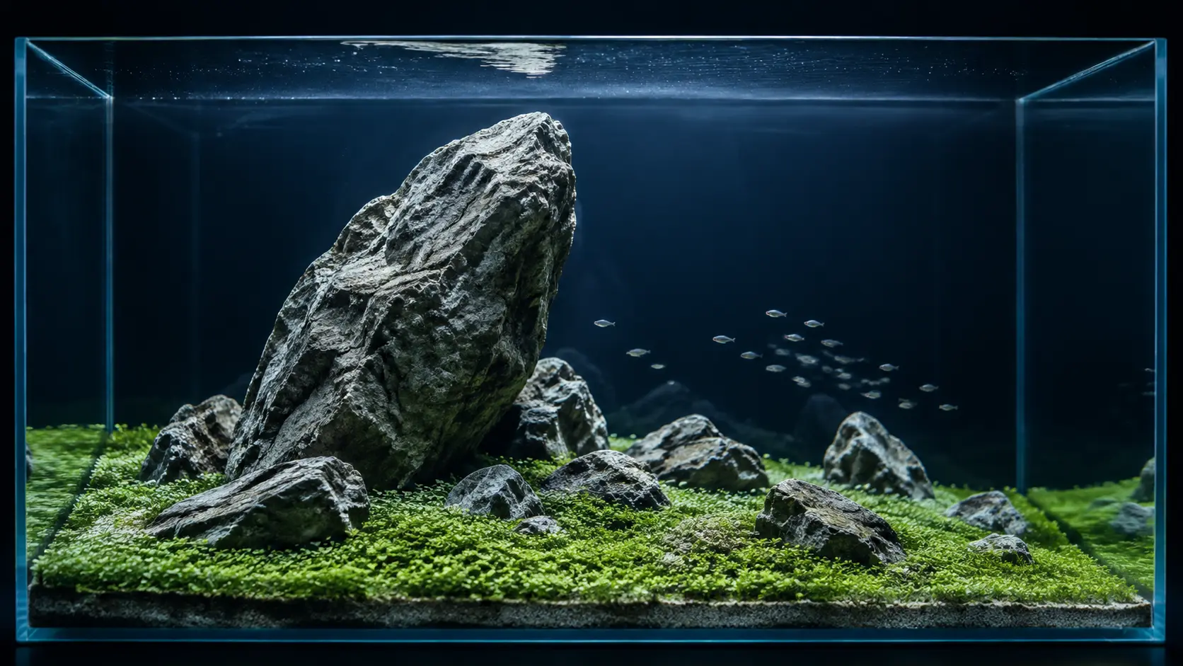 Iwagumi-Aquascape mit markanten Natursteinen und niedrigem Pflanzenteppich