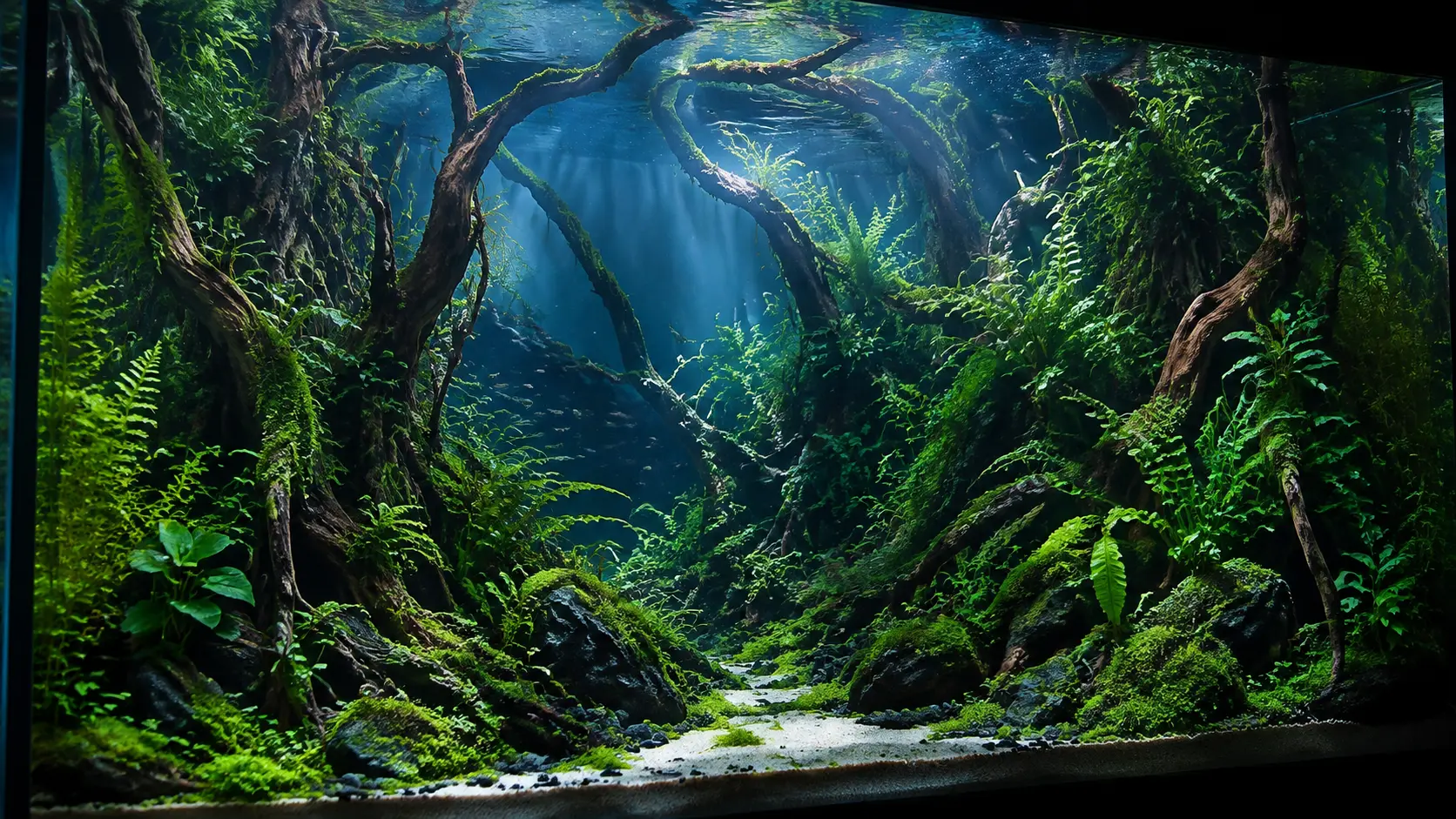 Dicht bewachsenes Jungle-Style-Aquascape mit Wurzeln, Farnen und Moosen
