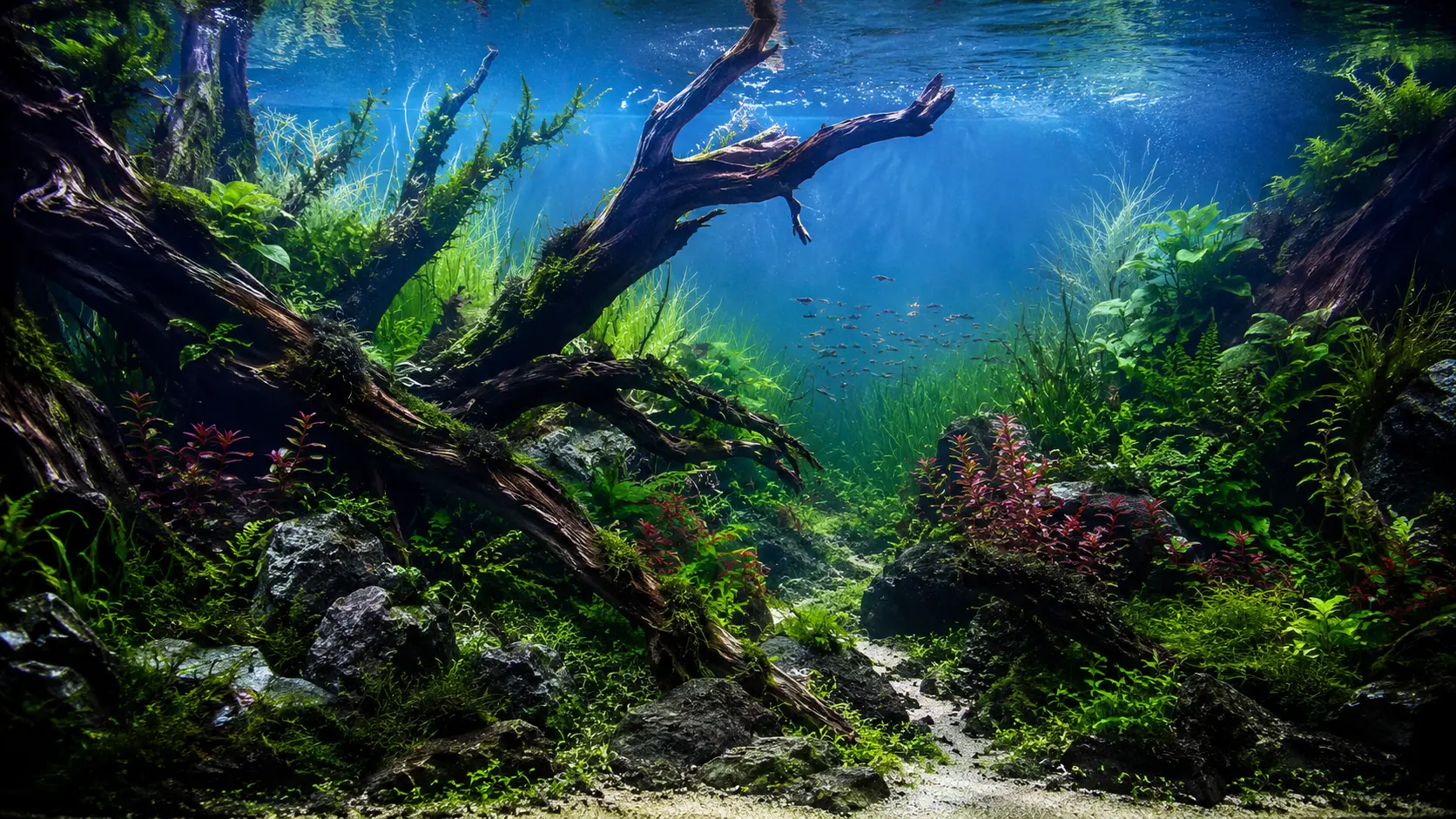 Nature-Style-Aquascape mit Wurzeln und üppigen Wasserpflanzen